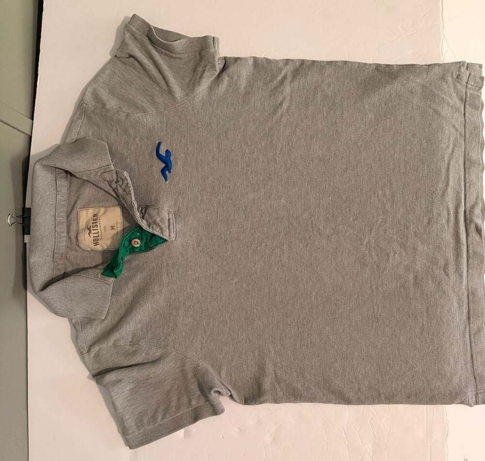 Vintage Y2K Hollister Gray Polo Shirt with Blue Logo and Green Placket Size M